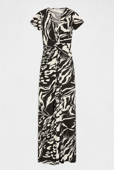 Vestido largo recto estampado abstracto negro mujer