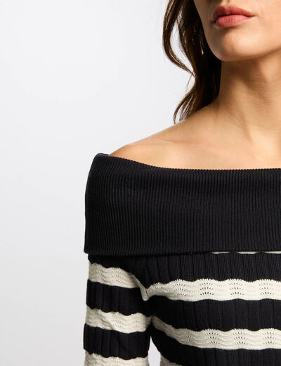 Jersey cuello bardot y rayas azul marino mujer