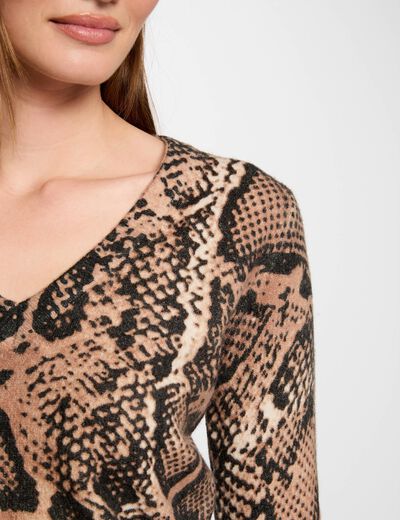 Jersey escote en V estampado beige mujer