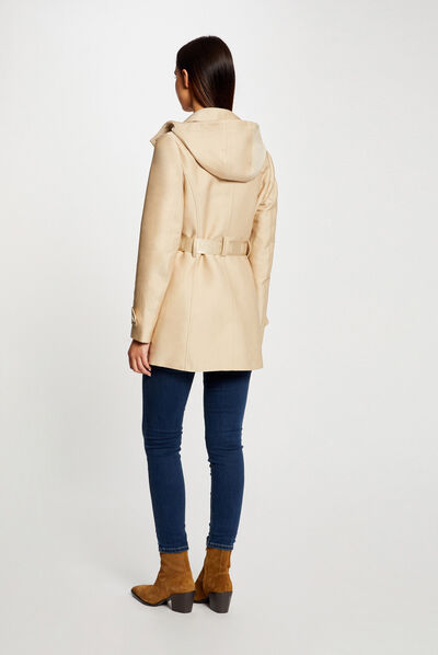 Gabardina recta con cinturón y capucha beige mujer