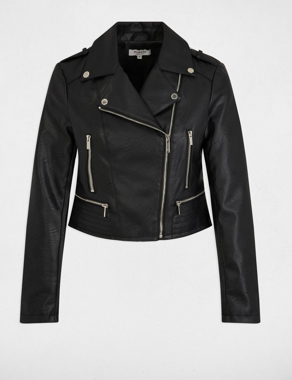 Chaqueta entallada de cuero sint&eacute;tico negro mujer