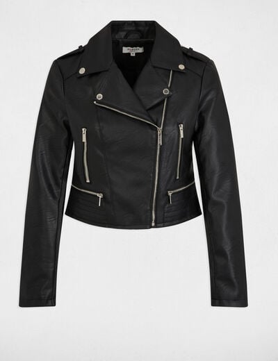 Chaqueta entallada de cuero sint&eacute;tico negro mujer