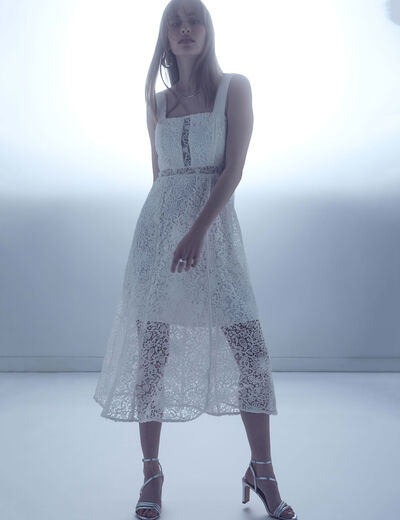 Vestido midi evasé encaje blanco mujer