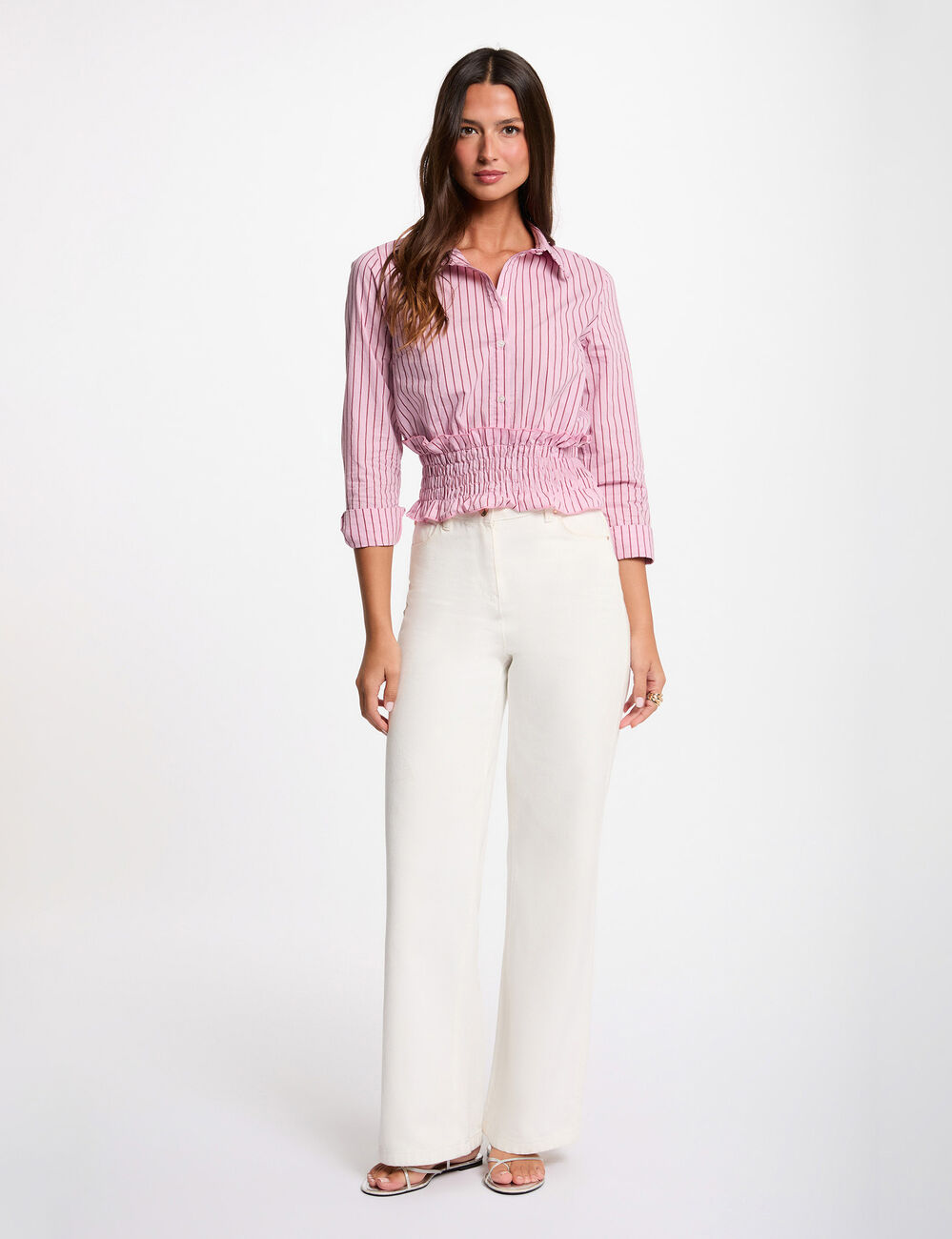 Camisa de rayas con cuello vuelto rosa mujer