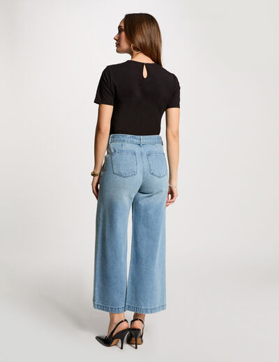 Vaquero pernera ancha cinturón denim descolorido mujer