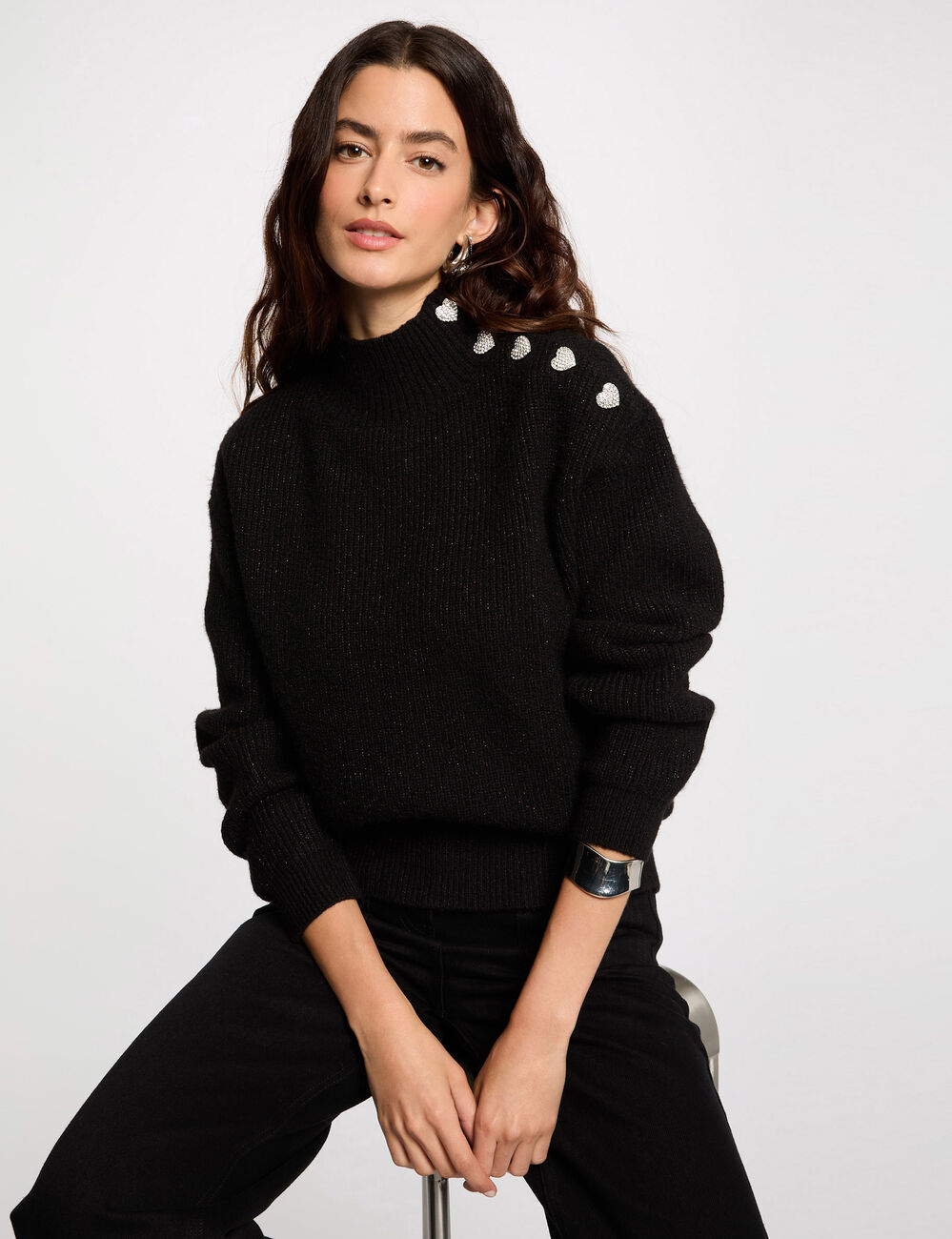 Jersey manga larga con botones negro mujer