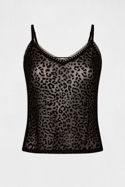 Top de encaje estampado animal negro mujer