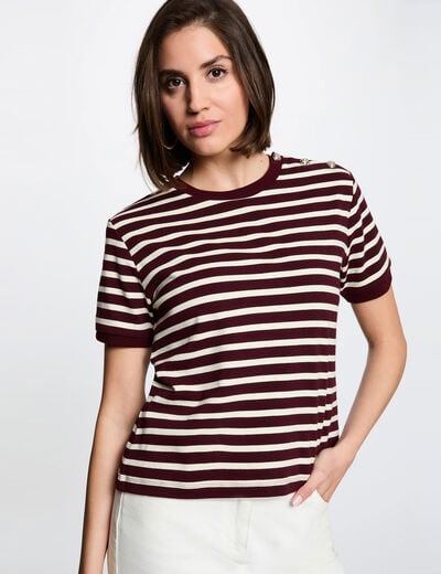 Camiseta de rayas con cuello redondo ciruela mujer