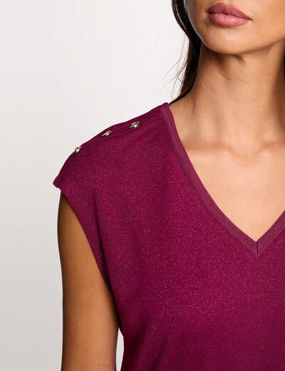 Camiseta cuello v con botones ciruela mujer