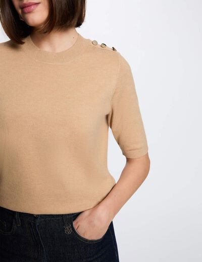 Jersey cuello redondo mangas cortas beige mujer