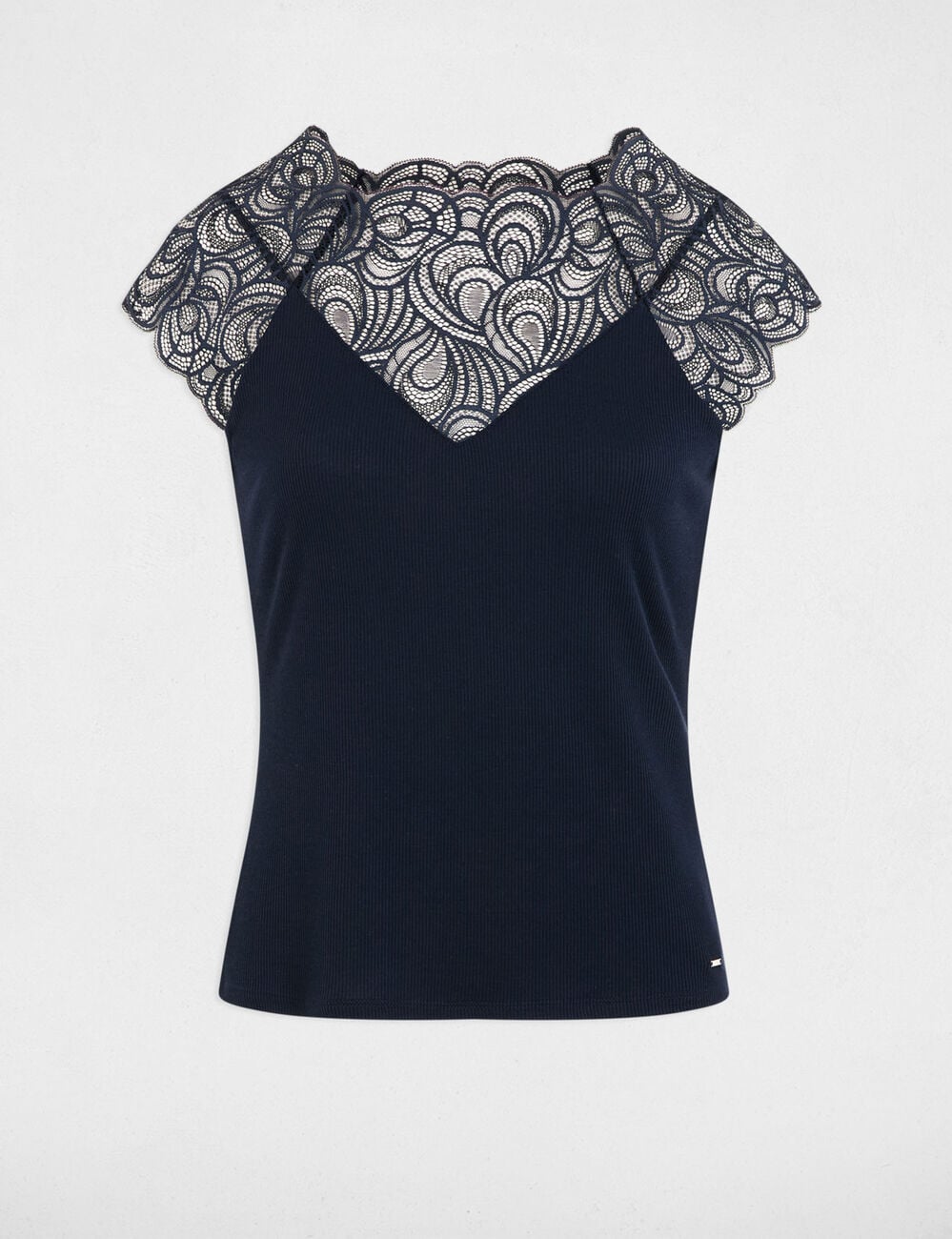 Camiseta de encaje cuello redondo azul marino mujer