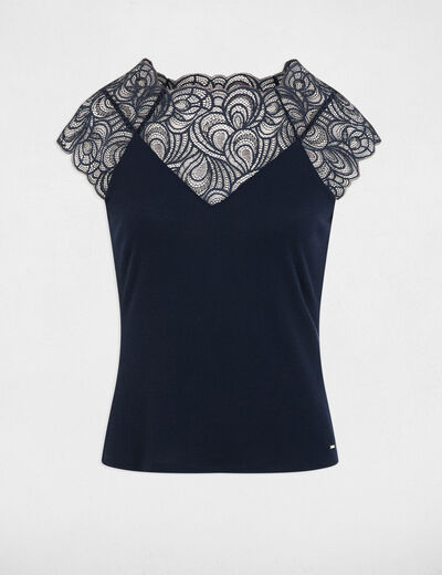 Camiseta de encaje cuello redondo azul marino mujer