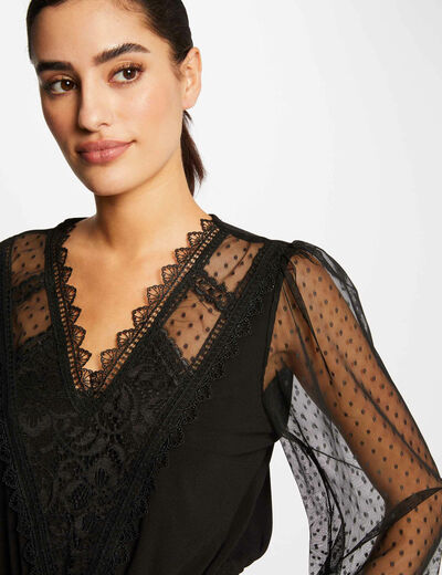 Camiseta manga larga con plumeti negro mujer