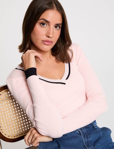 Jersey manga larga con escote en V rosa claro mujer
