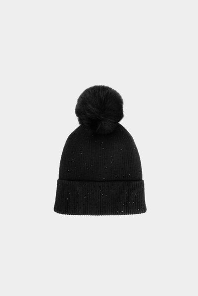 Gorro con strass y pompón negro mujer