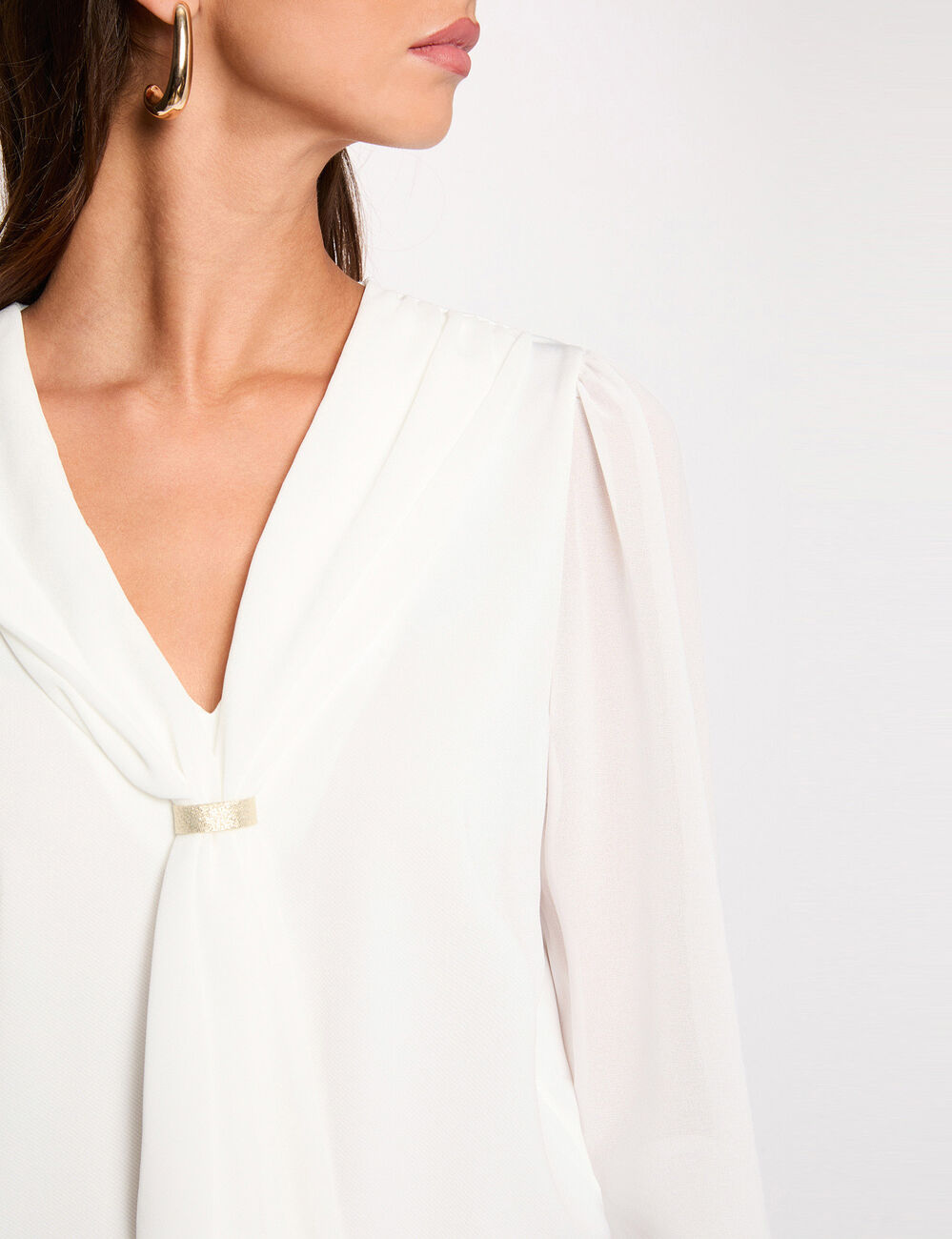 Camiseta de voile con cuello lazada blanco mujer