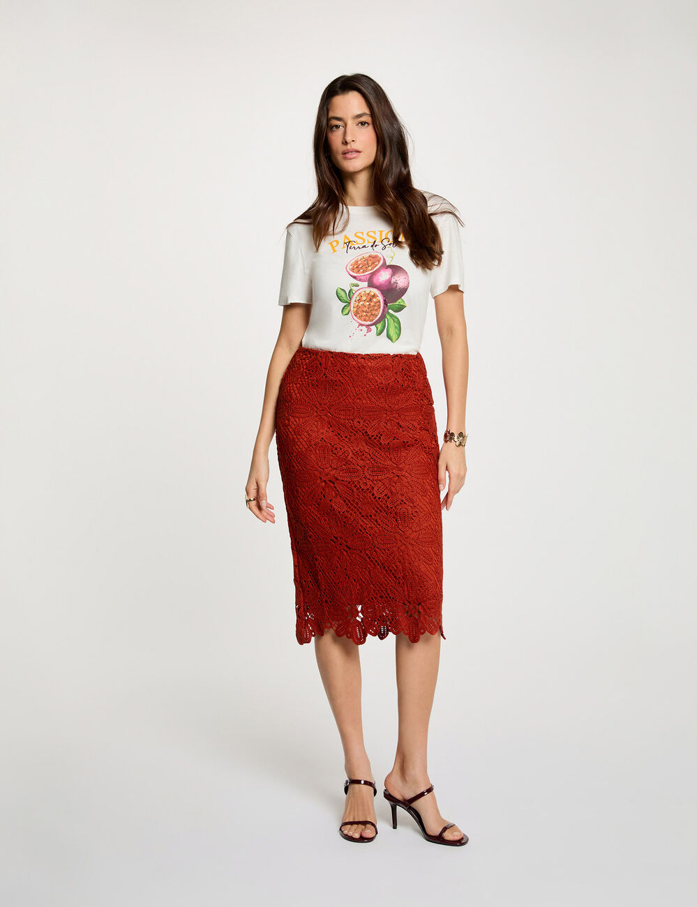 Falda midi de encaje naranja oscuro mujer