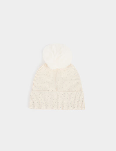 Gorro con strass y pompón marfil mujer