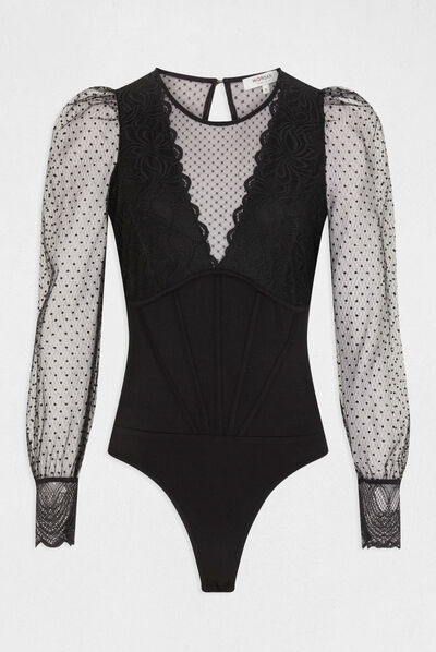 Body manga larga con plumeti negro mujer