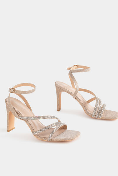 Sandalias de tacón con lentejuelas beige mujer