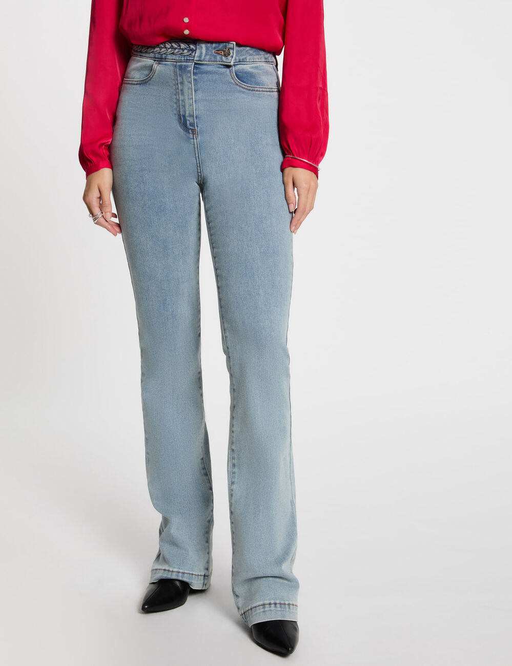 Vaquero recto con detalles trenzados denim descolorido mujer