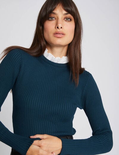 Jersey manga larga cuello plisado verde oscuro mujer