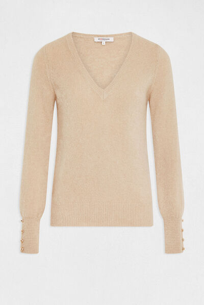 Jersey manga larga con escote en V beige mujer