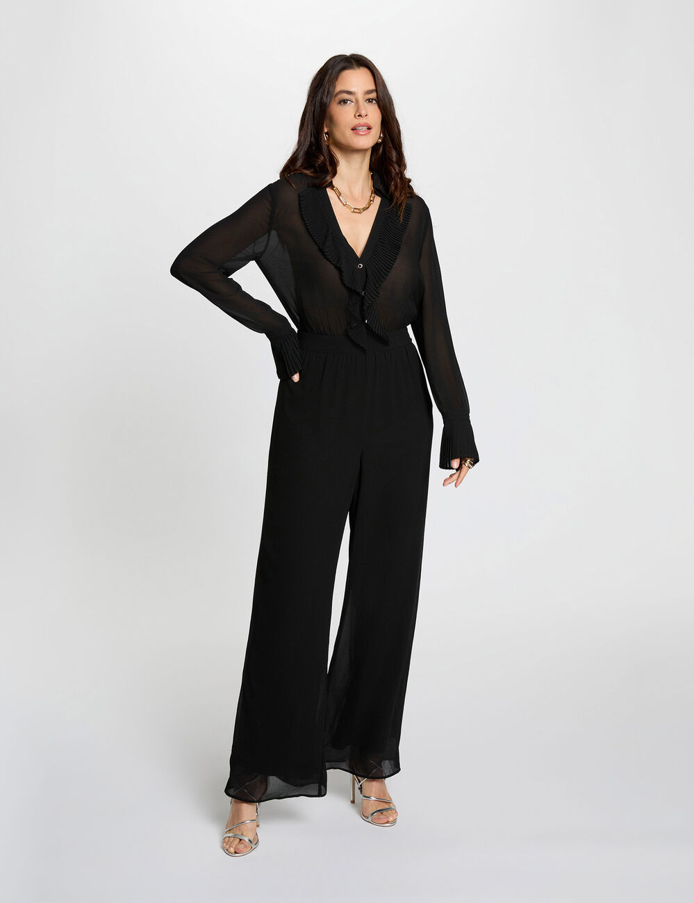 Mono fluido con cuello de solapa negro mujer