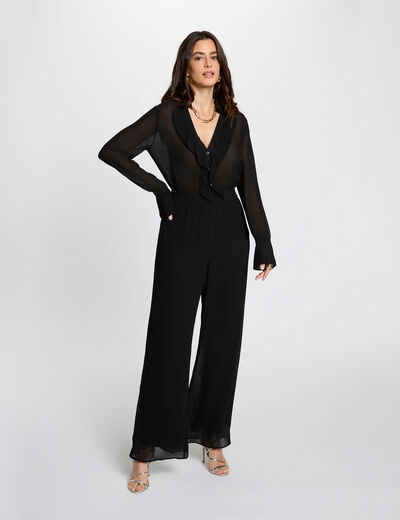 Mono fluido con cuello de solapa negro mujer