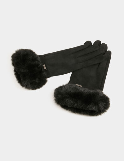 Guantes con detalles de pelo negro mujer