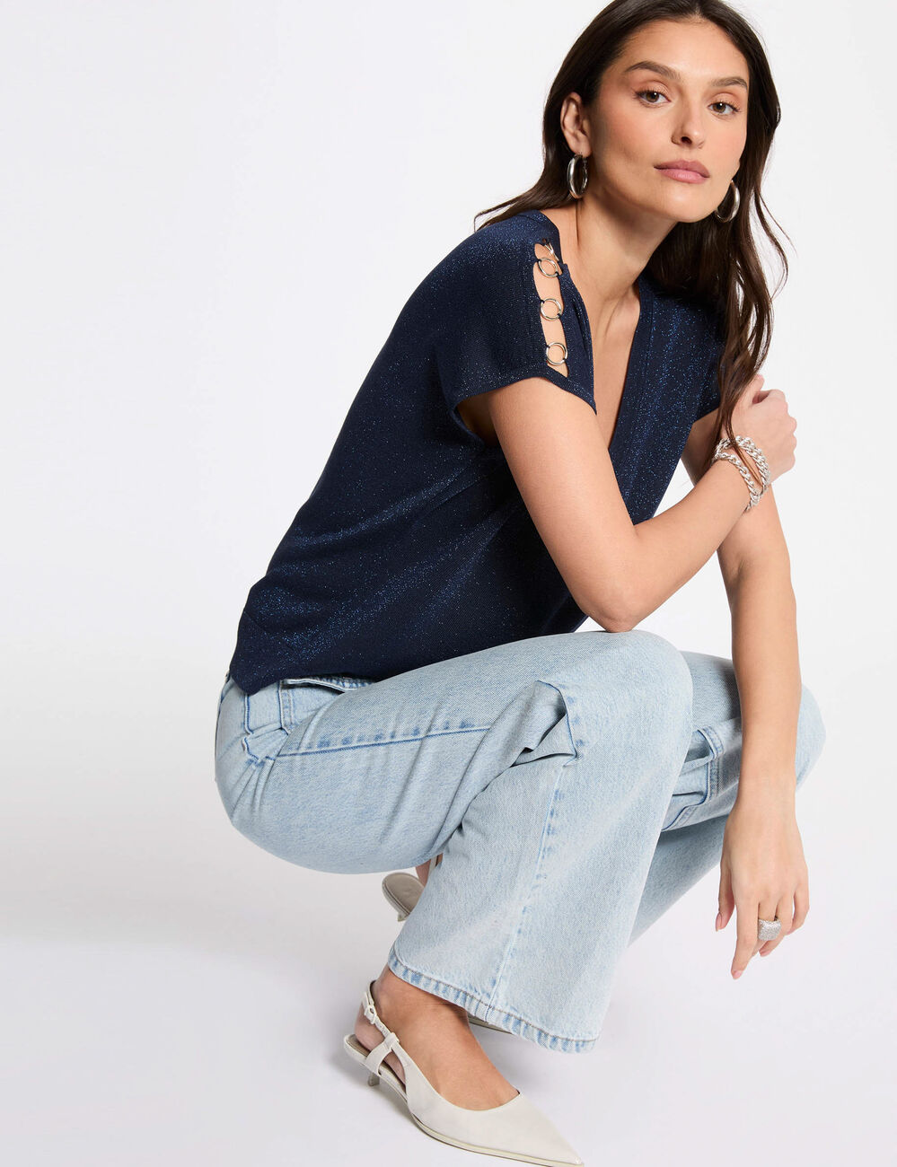 Jersey escote en V manga corta azul petróleo mujer