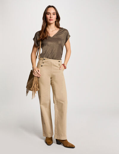 Pantalón pernera ancha botones marron clair mujer