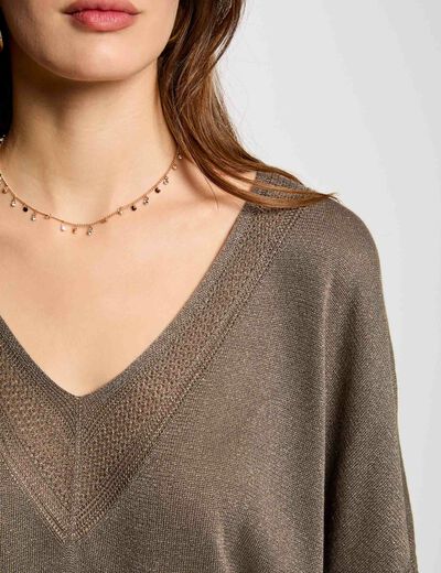 Jersey escote en V manga corta verde caqui mujer