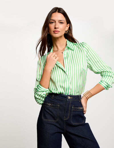 Camisa manga larga rayas verde mujer