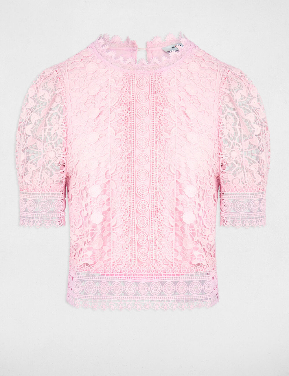 Blusa manga corta con encaje rosa mujer