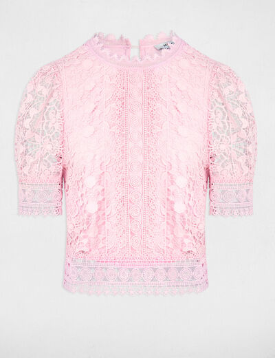 Blusa manga corta con encaje rosa mujer