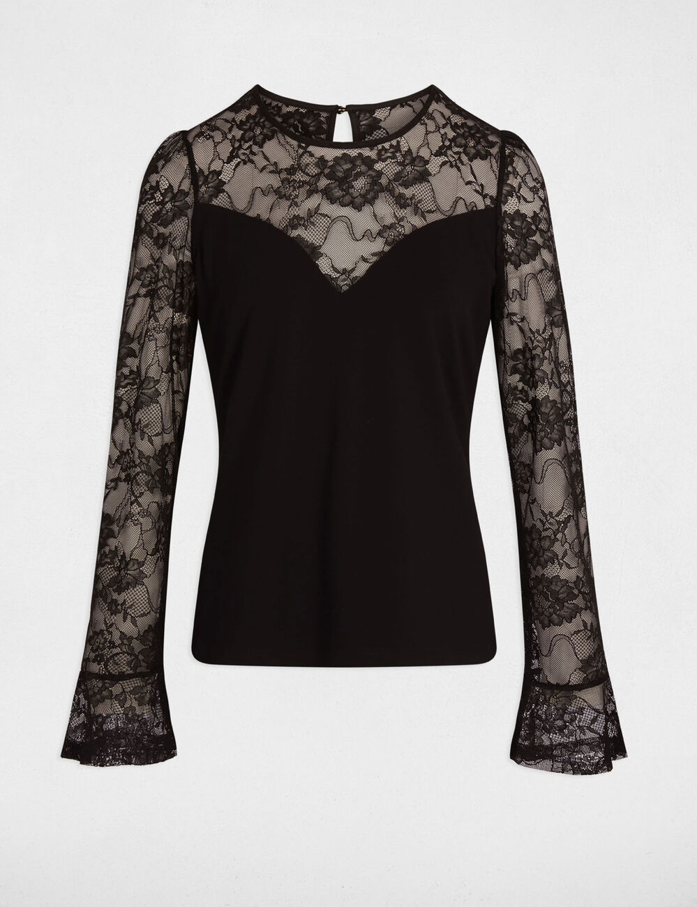 Camiseta entallada de encaje negro mujer