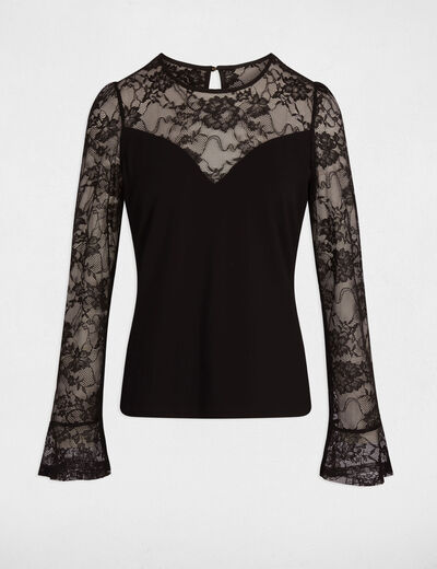 Camiseta entallada de encaje negro mujer