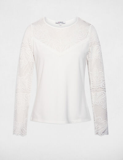 Camiseta de encaje manga larga blanco mujer