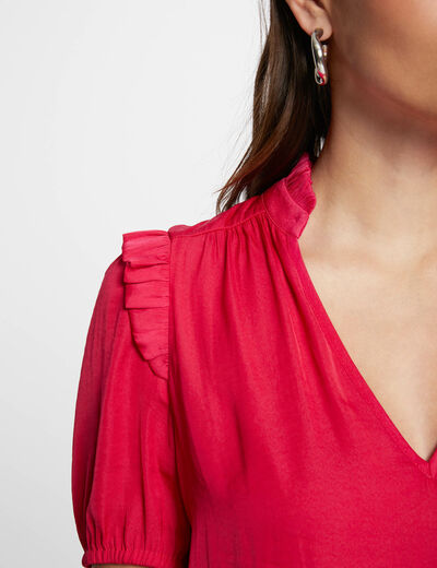 Blusa escote en V y volantes frambuesa mujer