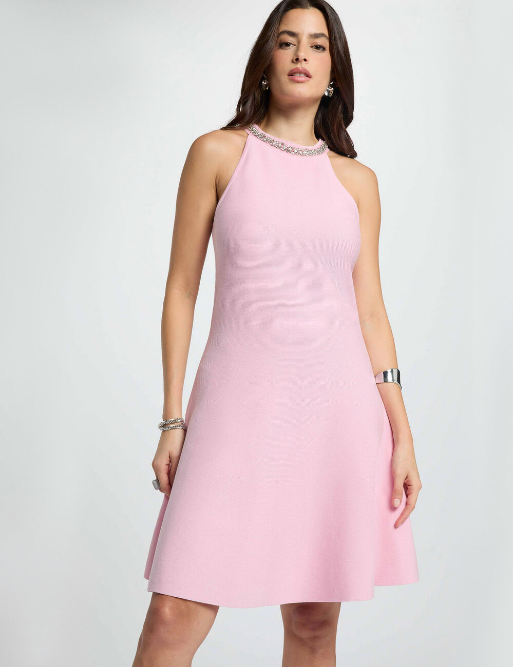 Vestido de punto en forma de trapecio rosa claro mujer