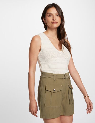 Top punto escote en V marfil mujer