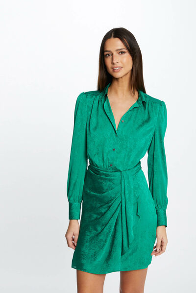Vestido recto drapeado estampado verde mujer