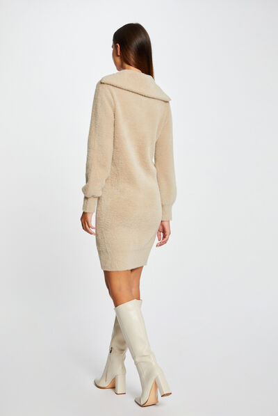 Vestido de punto cuello con cremallera beige mujer