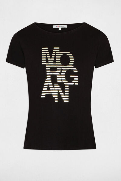 Camiseta de manga corta con mensaje negro mujer