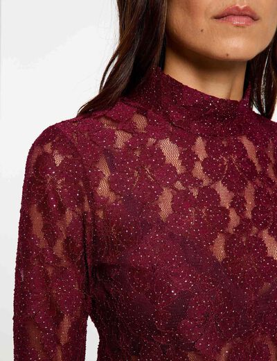 Camiseta de encaje perforado ciruela mujer