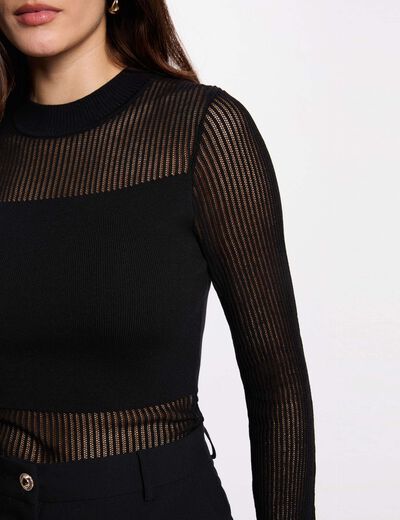 Jersey calado de cuello alto negro mujer