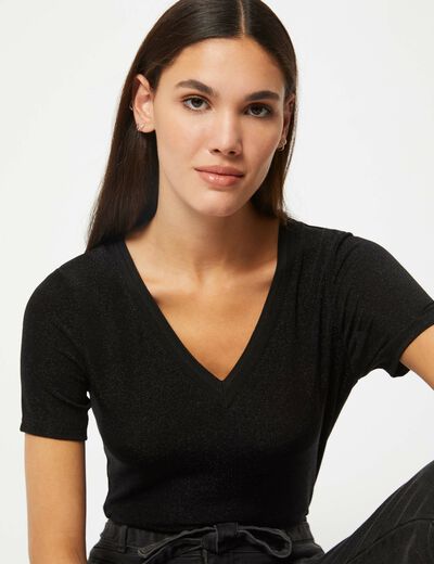 Camiseta manga corta con escote en V negro mujer