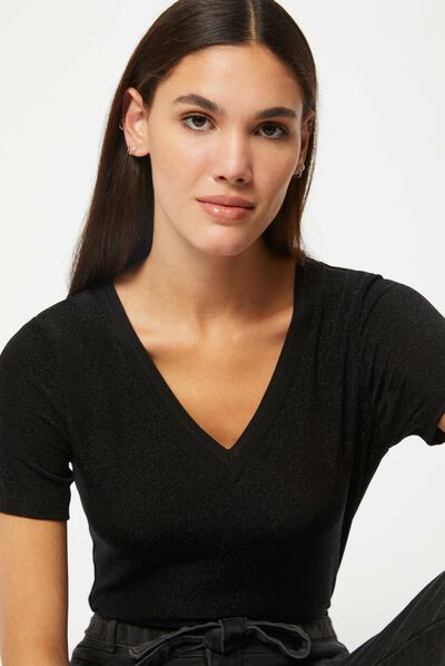 Camiseta manga corta con escote en V negro mujer