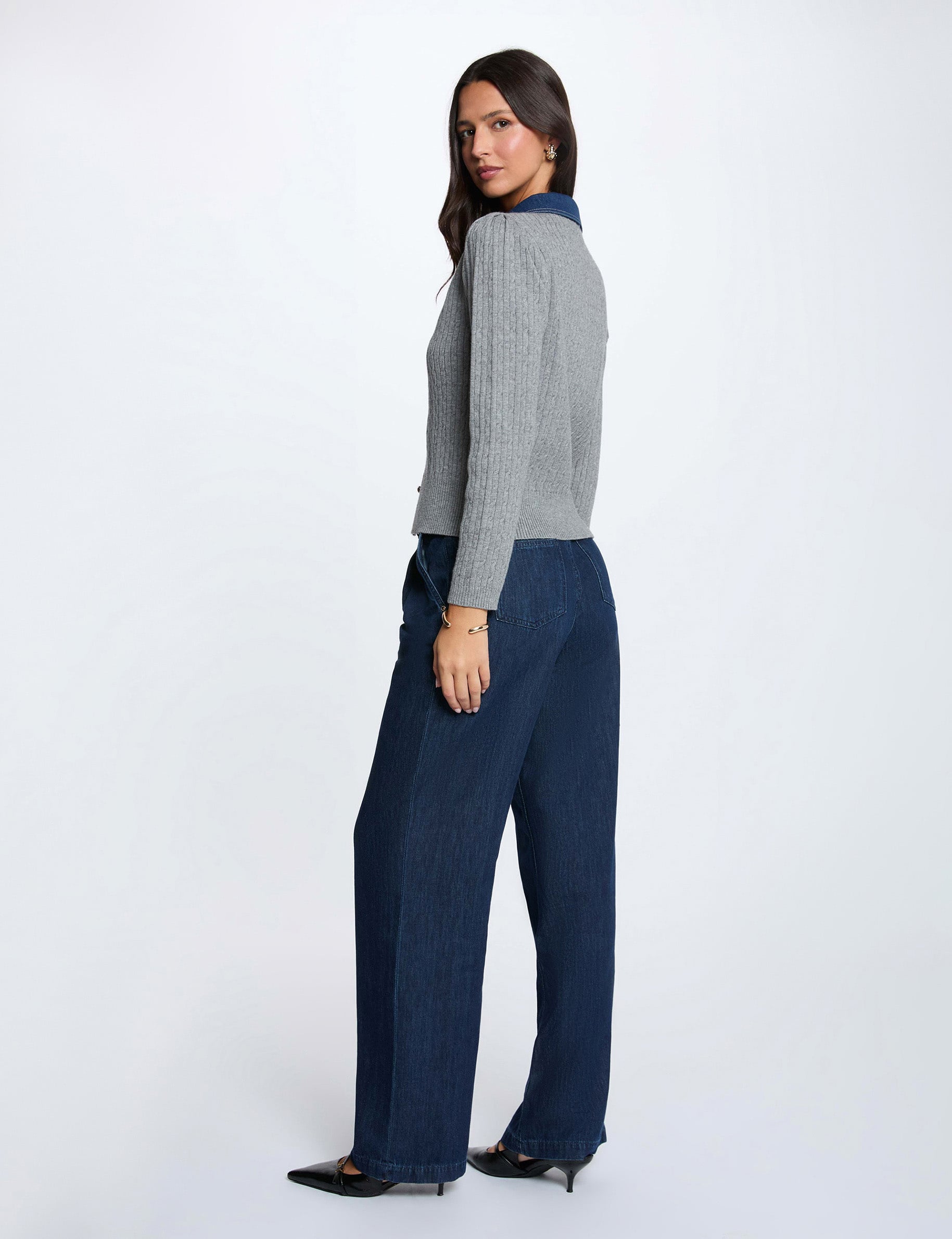 Jersey con cuello vuelto y botones gris claro mujer